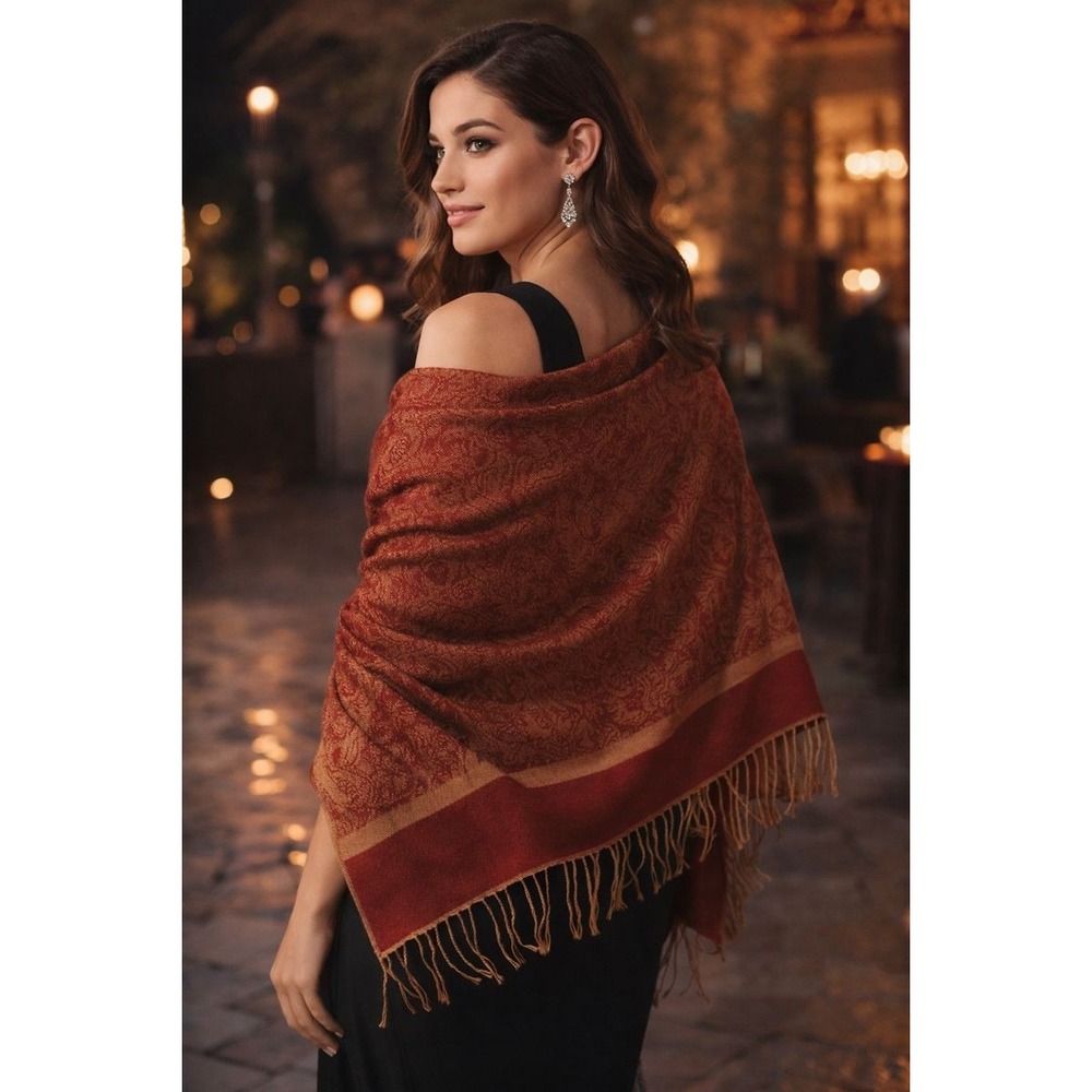 Pashmina Silk Blend Gold Red Floral‎ Paisley Print Scarf Soft Wrap Shawl 70"X27"